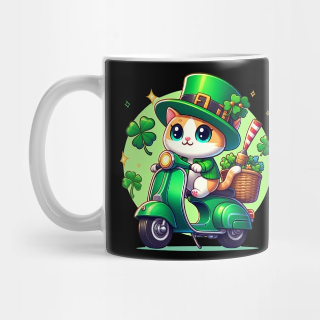 Celebrate St Patricks Day with a cute and colorful Cat on a Motorcycle design by click2print